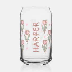 Cute Personalised Name & Pink Tulip Floral Pattern Can Glass