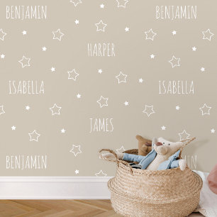 Cute Personalised Name Star Beige Kids Nursery Wallpaper