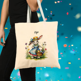 Cute Personalised Name Vintage Bunny Easter Treat Tote Bag