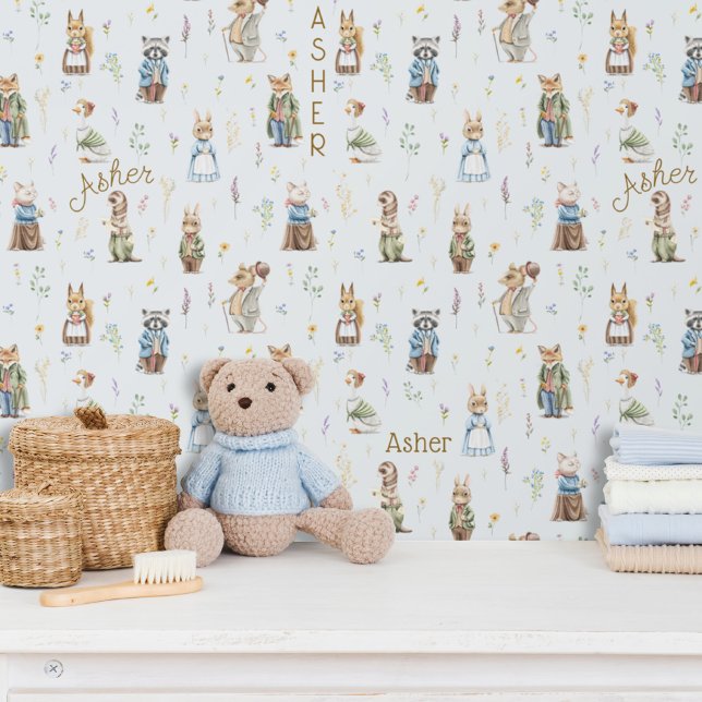 Cute Personalised Name Woodland Animals Blue Boy Wallpaper (Cute Baby blue boy custom name woodland animals forest friends theme nursery kids bedroom wallpaper)