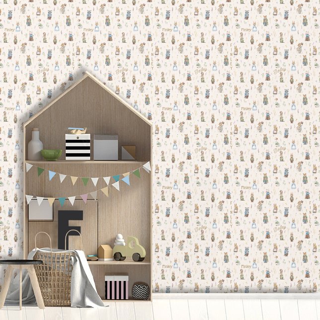 Cute Personalised Name Woodland Animals Boy Girl Wallpaper (Cute Vintage Forest Woodland Animals illustration, Peter Rabbit custom name neutral color wallpaper)