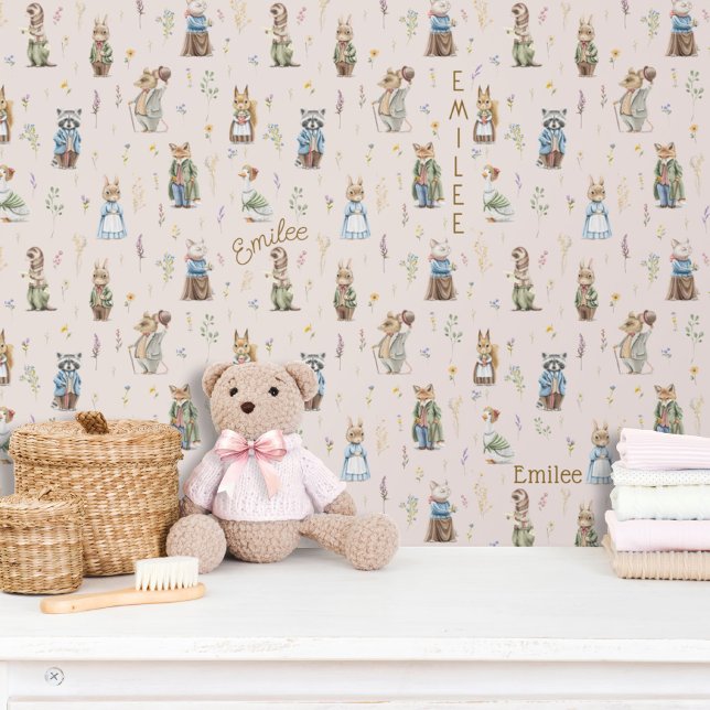 Cute Personalised Name Woodland Animals Pink Girl Wallpaper (Cute vintage woodland animal forest friends Peter Rabbit storybook baby girl blush pink wallpaper)
