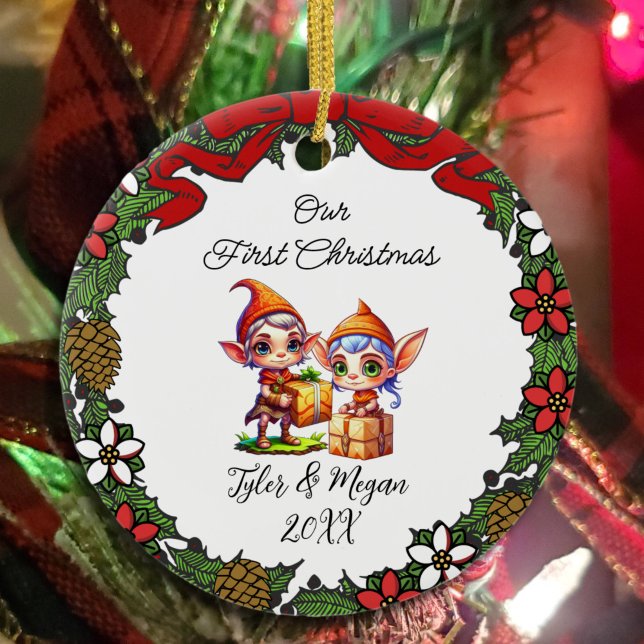 Cute Personalised Our First Christmas Elves Ceramic Tree Decoration (Creator Uploaded)