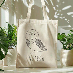Cute Personalised Owl Kids Black White Tote Bag