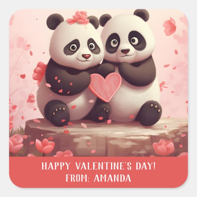 Cute Personalised Panda Valentine Square Sticker (Front)