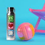 Cute Personalised Peace Love Volleyball Player Water Bottle<br><div class="desc">Peace Love Volleyball water bottle for a sporty girl. A cute gift featuring a peace sign,  heart,  and a person on swim team with your name personalised underneath.</div>