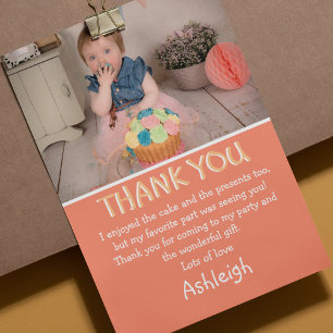 Cute Personalised  Peach Photo Flat Thank You Card