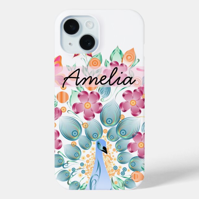 Cute Personalised Peacock Floral Case-Mate iPhone Case (Back)