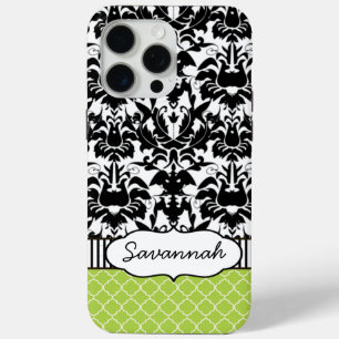 Cute Personalised Peapod Lime Stripe and Damask iPhone 15 Pro Max Case