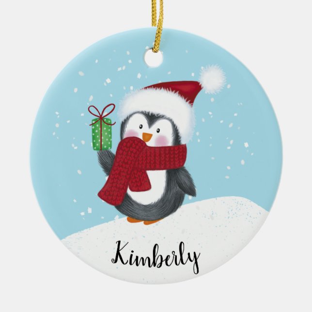 Cute Personalised Penguin Christmas Ceramic Tree Decoration (Front)