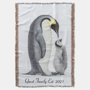 Cute Personalised Petting Penguin and Chick Throw Blanket