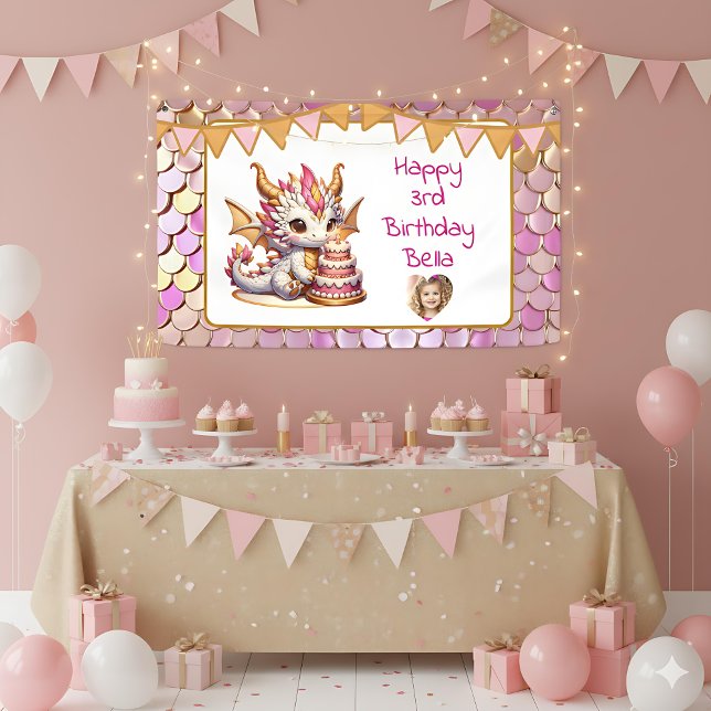 Cute Personalised Pink and Gold Dragon Birthday  Banner (Creator Uploaded)