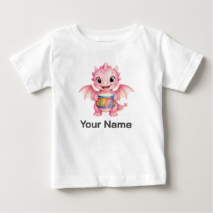 Cute Personalised Pink Baby Dragon Holding Drum T-Shirt