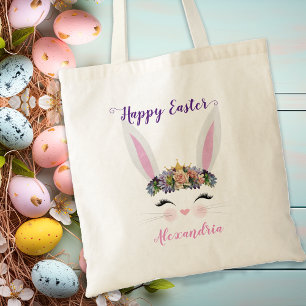 Cute Personalised Pink Floral Easter Bunny Girl Tote Bag
