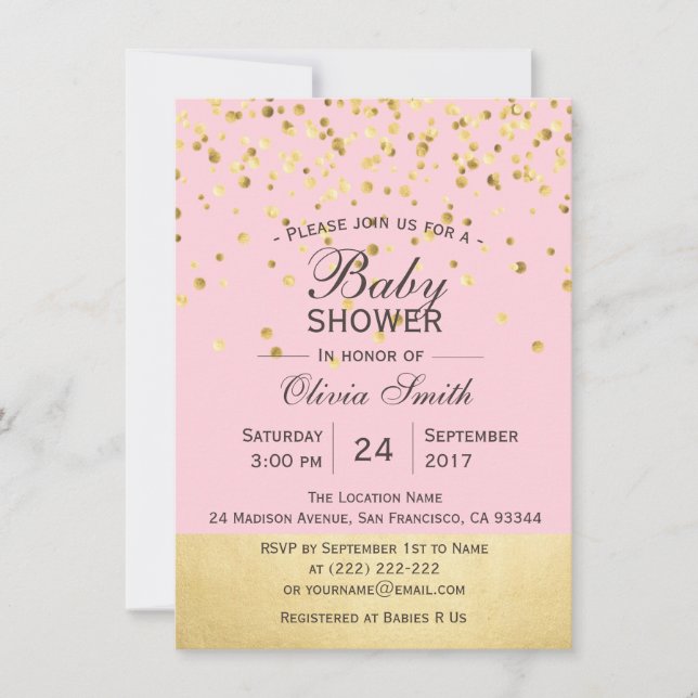 Cute Personalised Pink Gold Baby Shower Invites (Front)
