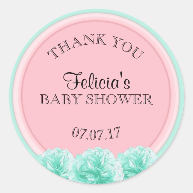 Cute Personalised Pink Mint Green Baby Shower Girl Classic Round Sticker (Front)