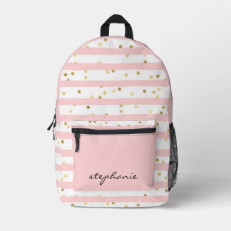Cute Personalised Pink Stripe and Gold Confetti Printed Backpack