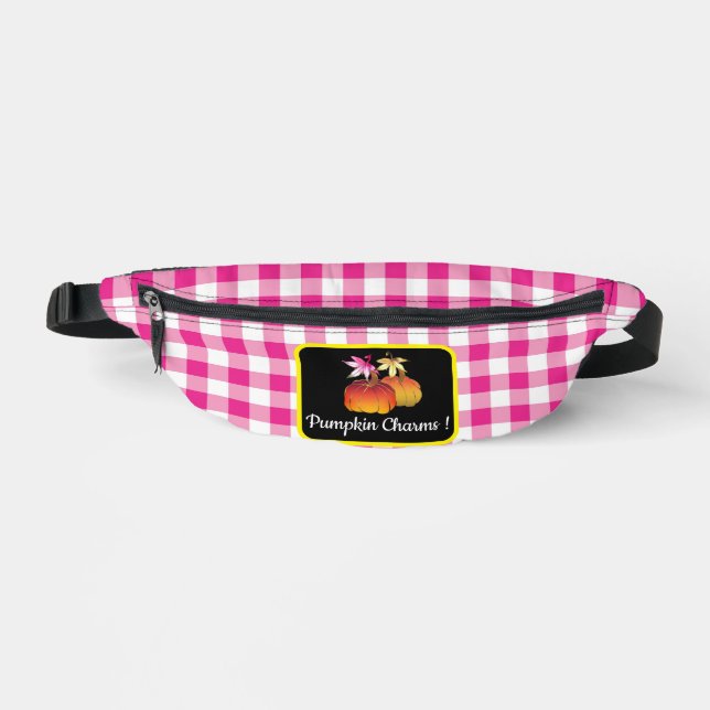 Cute Personalised Pumpkin Charms Pink Plaid Bum Bags (Front)