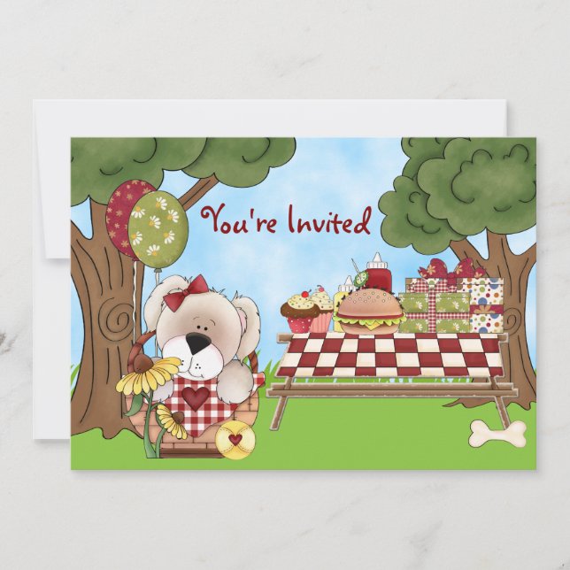 Cute Personalised Puppy Dog Picnic Girls Birthday Invitation (Front)