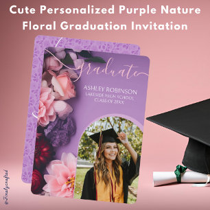 Cute Personalised Purple Nature Floral Graduation Invitation
