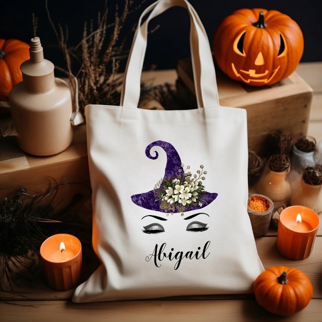Cute Personalised Purple Witch Hat Halloween Tote Bag (Creator Uploaded)