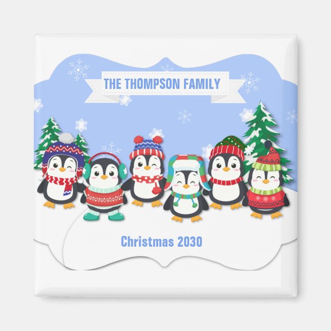 Cute Personalised Six Penguins Christmas Magnet (Front)