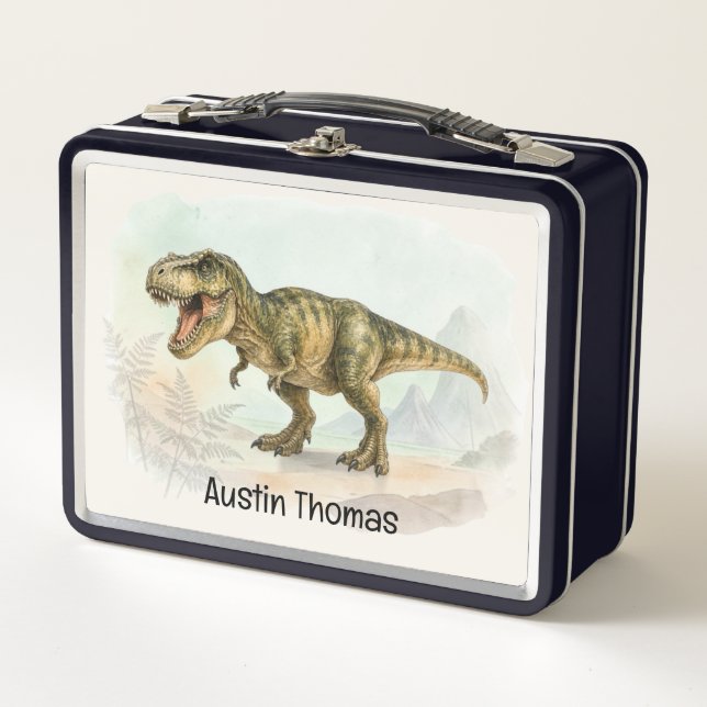 Cute Personalised T-Rex Kids Lunch Box with Name (Front)