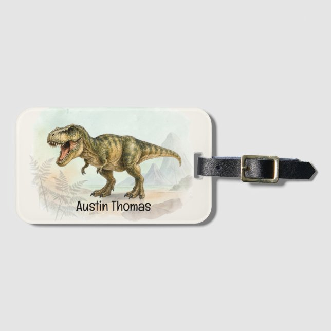 Cute Personalised T-Rex Luggage Tag with Name (Front Horizontal)