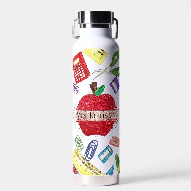 Cute Personalised Teacher Back To School Apple  Water Bottle (Front)