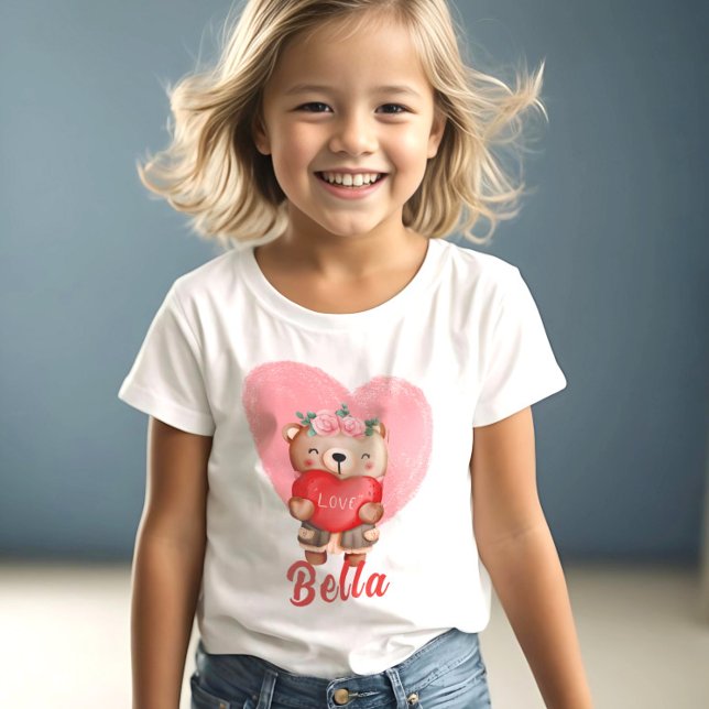 Cute Personalised Teddy Hearts Kids Valentines Day T-Shirt (Creator Uploaded)