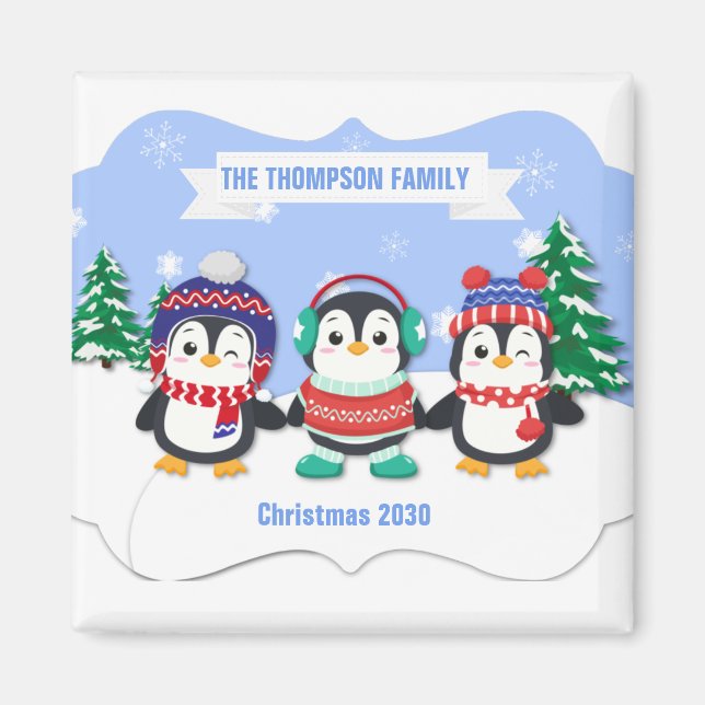 Cute Personalised Three Penguins Christmas Magnet (Front)