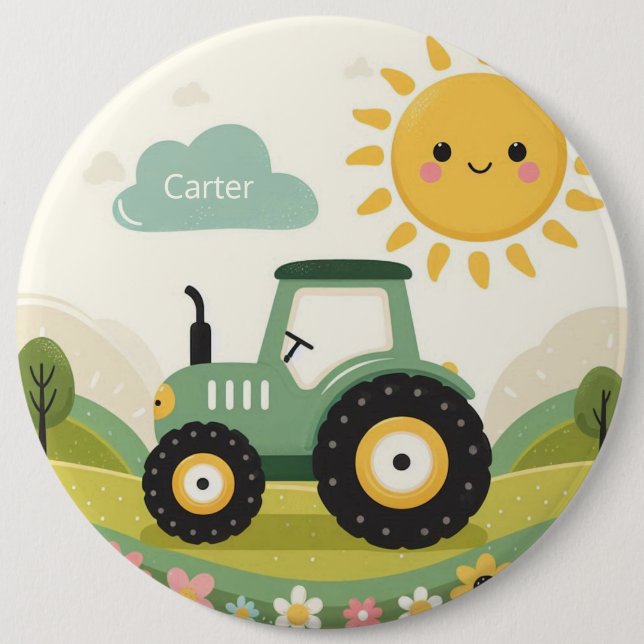 Cute, personalised tractor/farm 6 cm round badge (Front)
