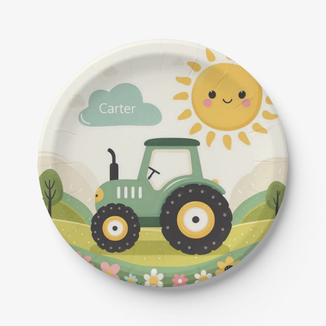 Cute, personalised tractor/farm paper plate (Front)