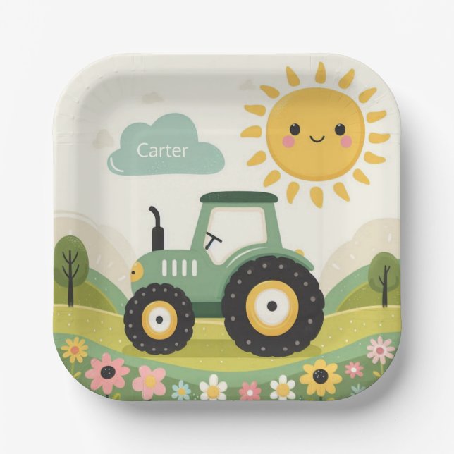 Cute, personalised tractor/farm paper plate (Front)