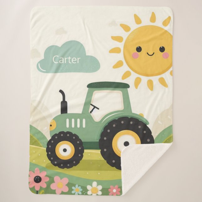 Cute, personalised tractor/farm sherpa blanket (Front)