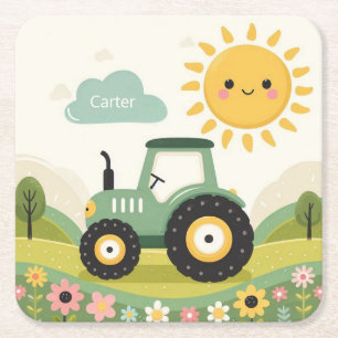 Cute, personalised tractor/farm square paper coaster