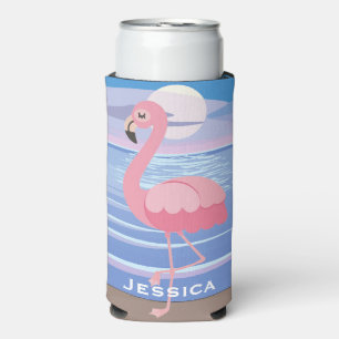 Cute Personalised Tropical Island Flamingo Seltzer Can Cooler