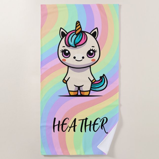 CUTE! 🦄 Personalised Unicorn Beach Towel Add Name (Front)