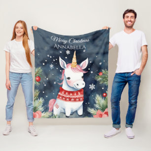 Cute Personalised Unicorn Christmas Fleece Blanket