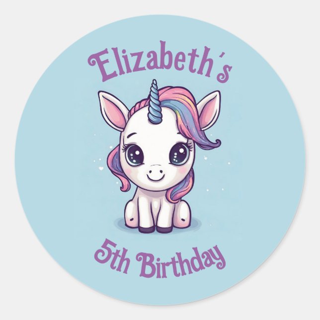 Cute Personalised Unicorn Party Favour, Invitation Classic Round Sticker (Front)