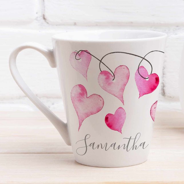 Cute Personalised Valentines Day Gift Coffee Lover Latte Mug (Personalized Galentines party decor coffee mugs with pink hearts art by Victoria Grigaliunas)