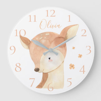Cute Personalised Watercolor Baby Deer Name Large Clock