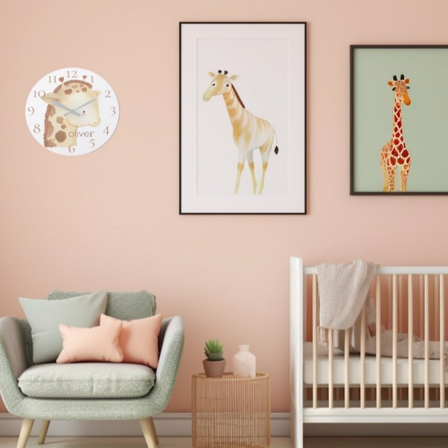 Cute Personalised Watercolor Baby Giraffe Name  Large Clock (Creator Uploaded)