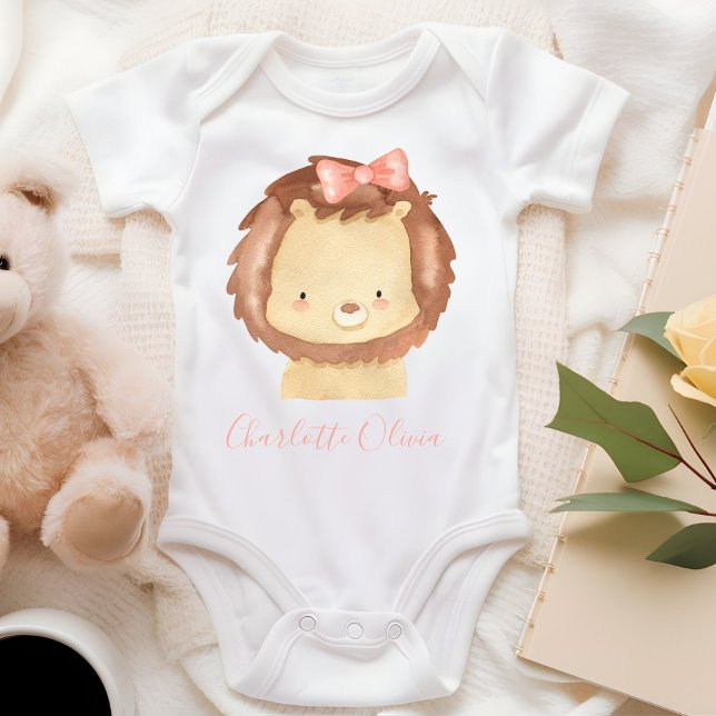 Cute Personalised Watercolor Baby Lion Pink Bow Baby Bodysuit (Creator Uploaded)