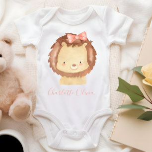 Cute Personalised Watercolor Baby Lion Pink Bow Bodysuit