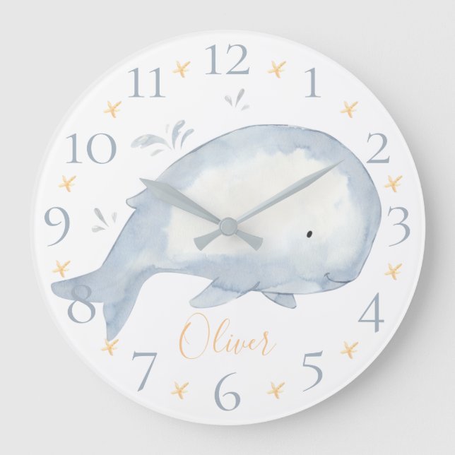Cute Personalised Watercolor Baby Whale Nautical Large Clock (Front)