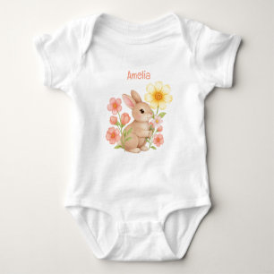 Cute Personalised Watercolor Bunny Floral Baby Bodysuit