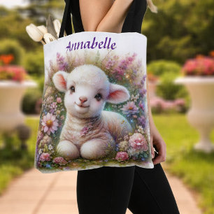 Cute Personalised Watercolor Lamb and Flowers Tote Bag