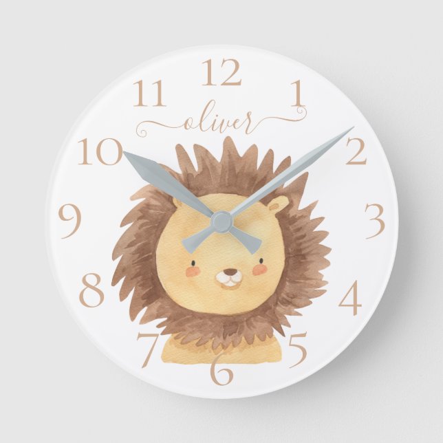 Cute Personalised Watercolor Lion Baby Nursery Kid Round Clock (Front)