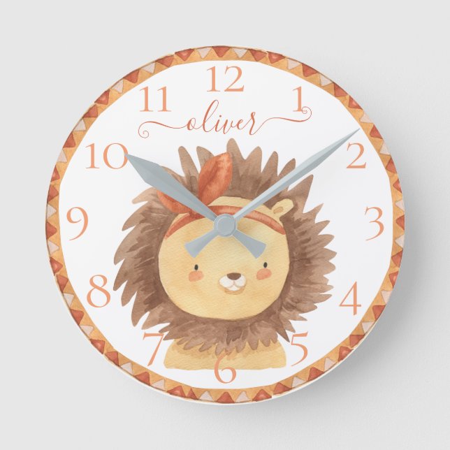 Cute Personalised Watercolor Lion Baby Nursery Kid Round Clock (Front)